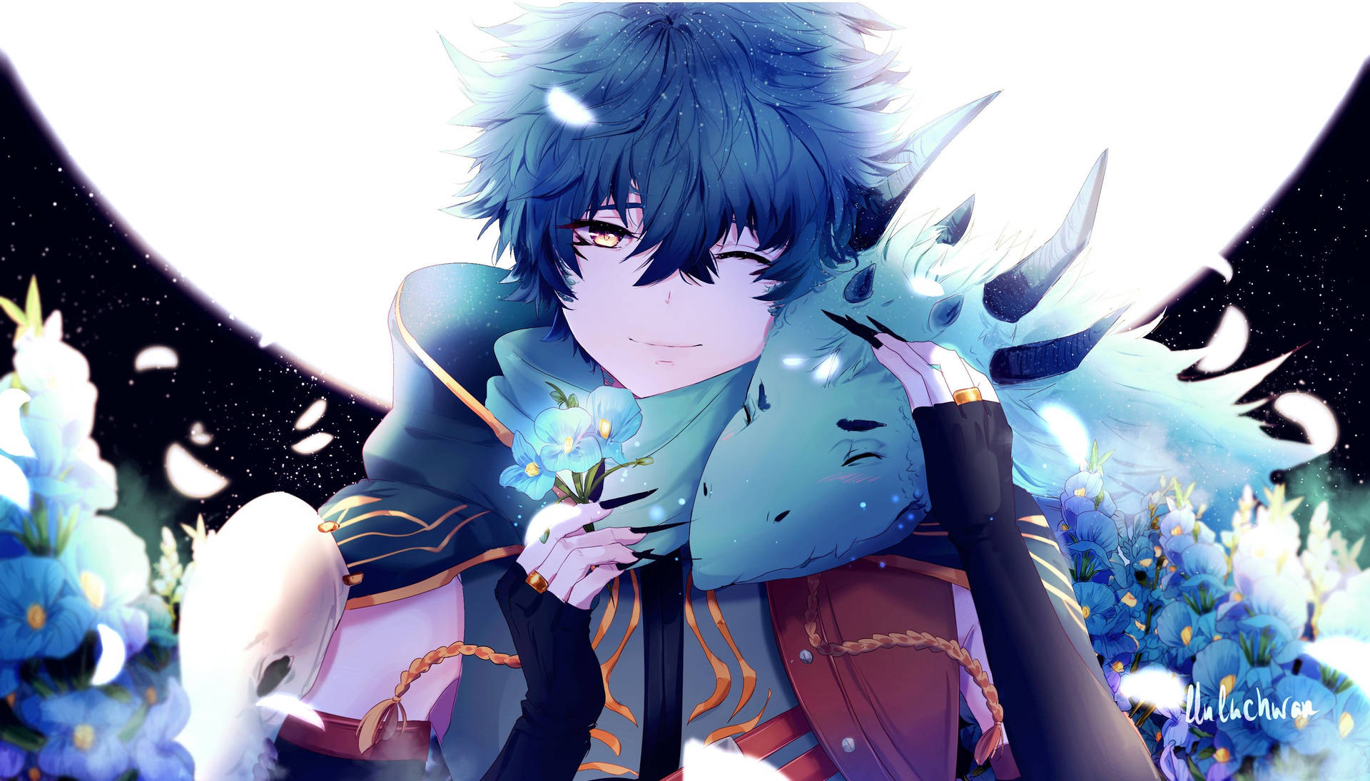 Anime Blue Boy Hugging A Dragon Wallpaper