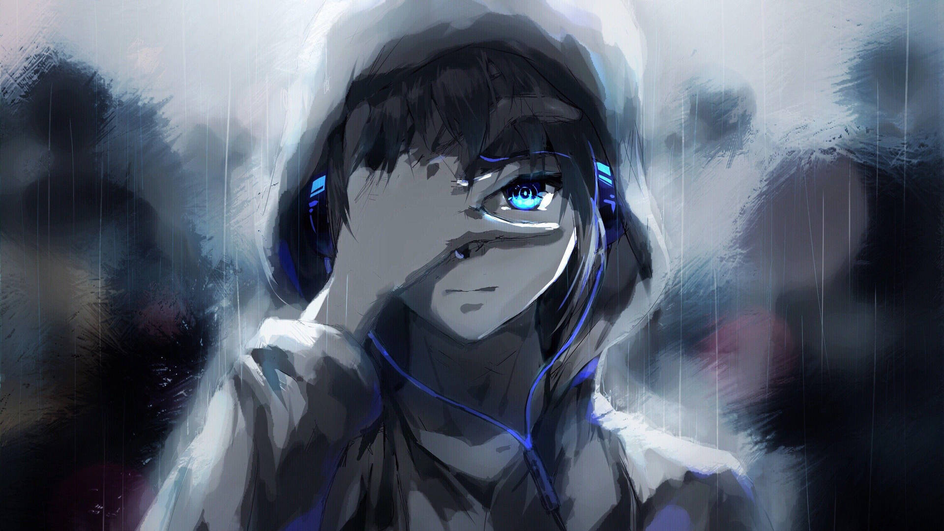 Den animeblå dreng i en hættetrøje vægmaleri Wallpaper