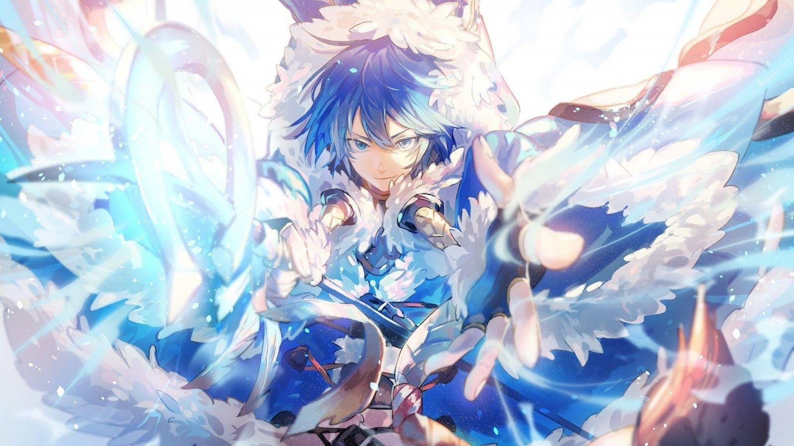 An anime blue boy with white hair happily poses for the camera. Wallpaper