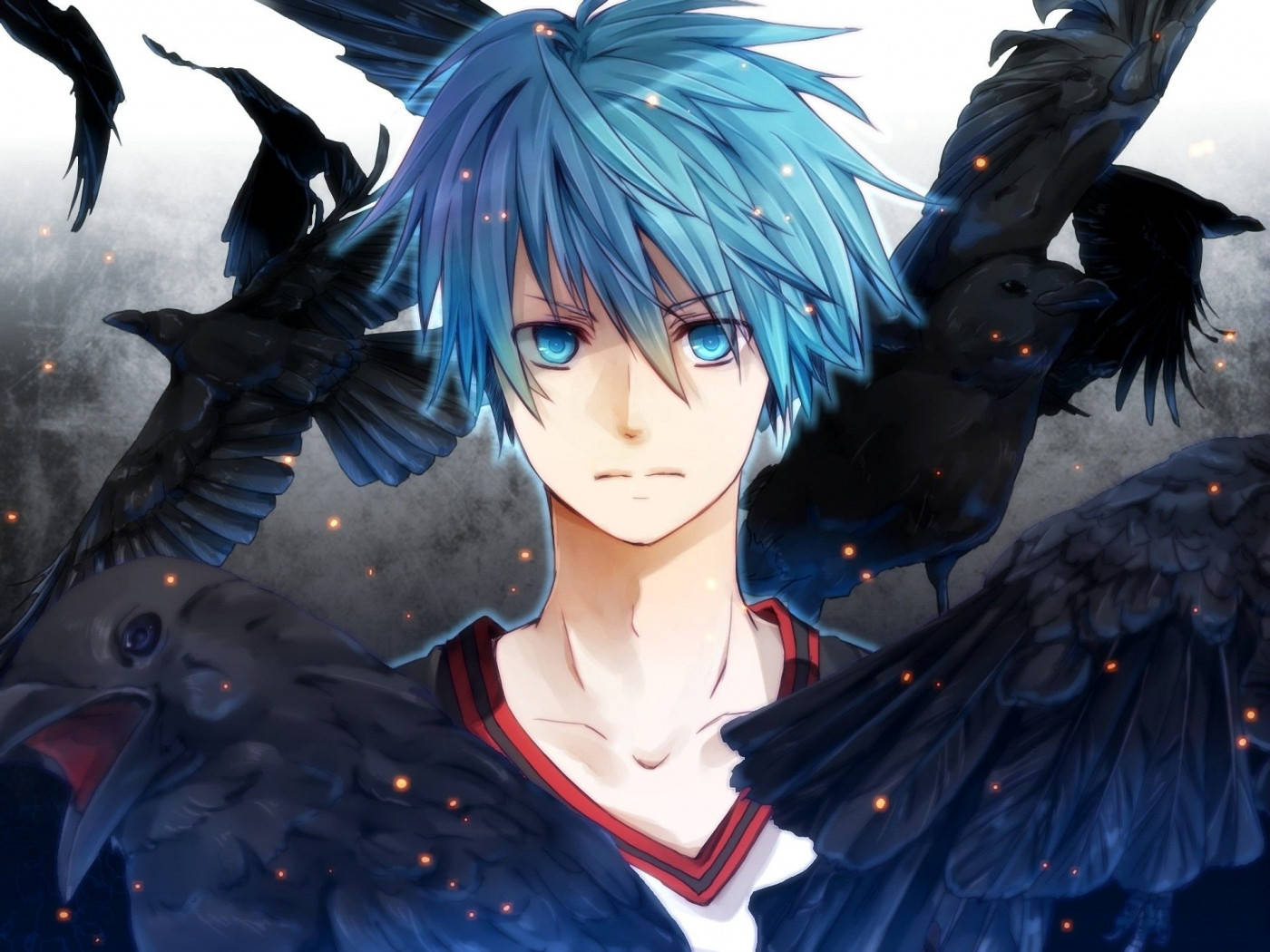 Animeblue Boy Flocked With Black Hawks - Anime Blue Boy Flockas Med Svarta Hökar. Wallpaper