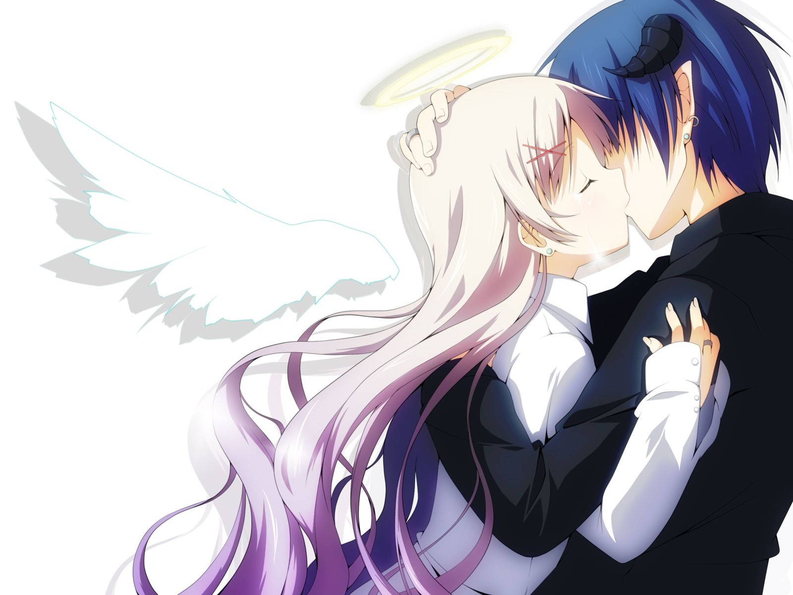 A Couple Hugging With Wings And Blue Hair Wallpaper