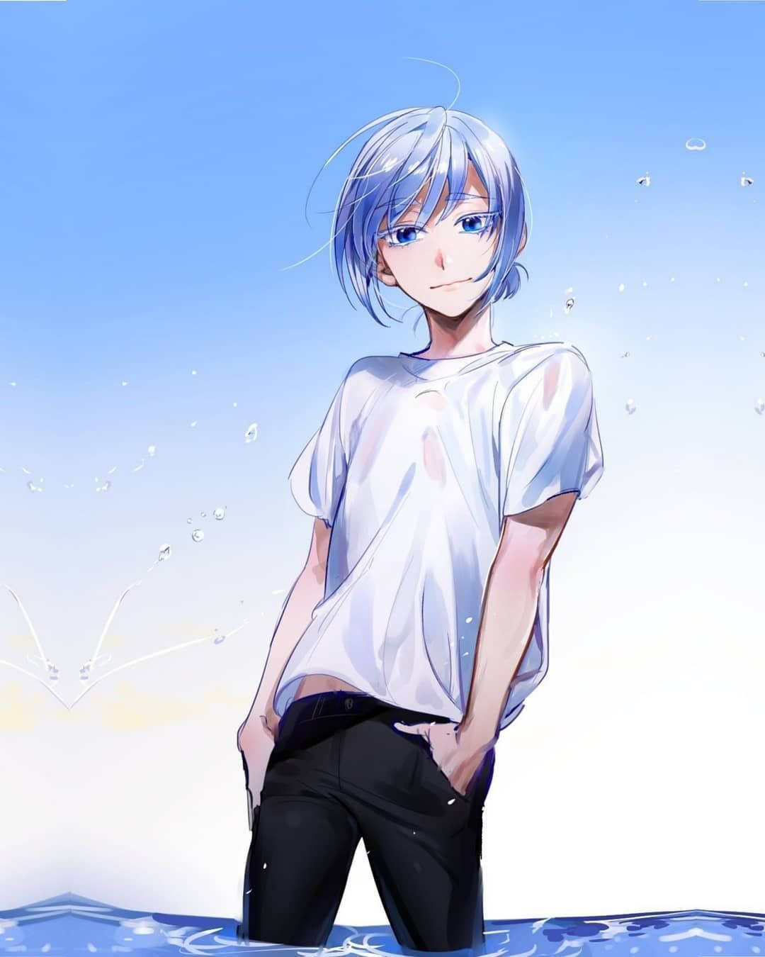 Anime Blue Boy In Knee Deep Water Wallpaper