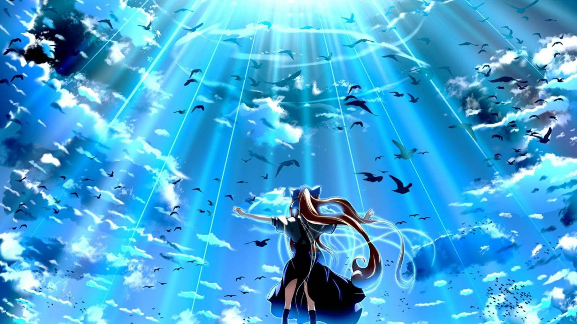 Anime Blue Girl Birds In Sky Background