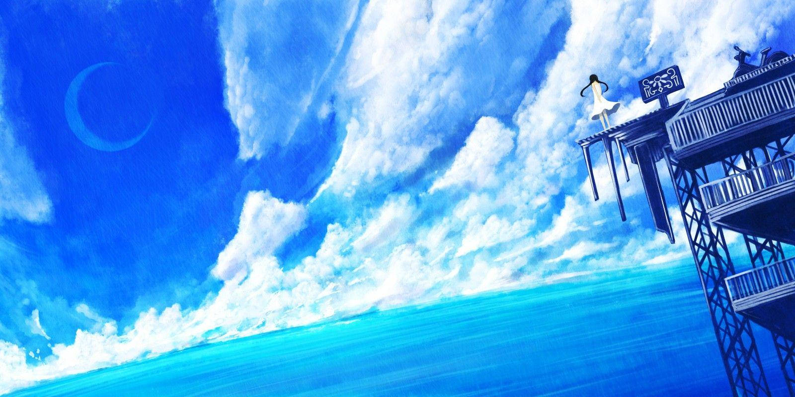 Anime Blue Girl Overlooking Sea