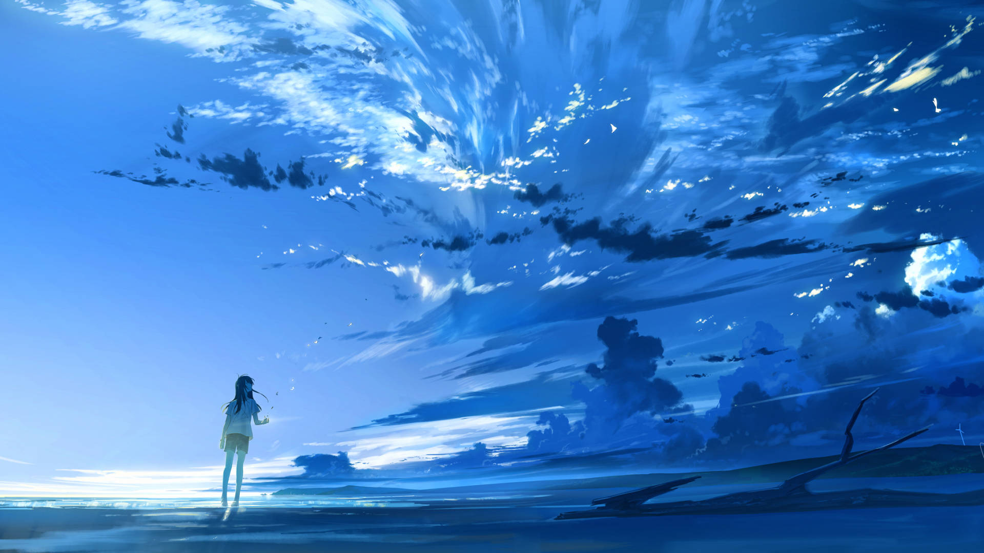 Anime Blue Sky And Girl Background