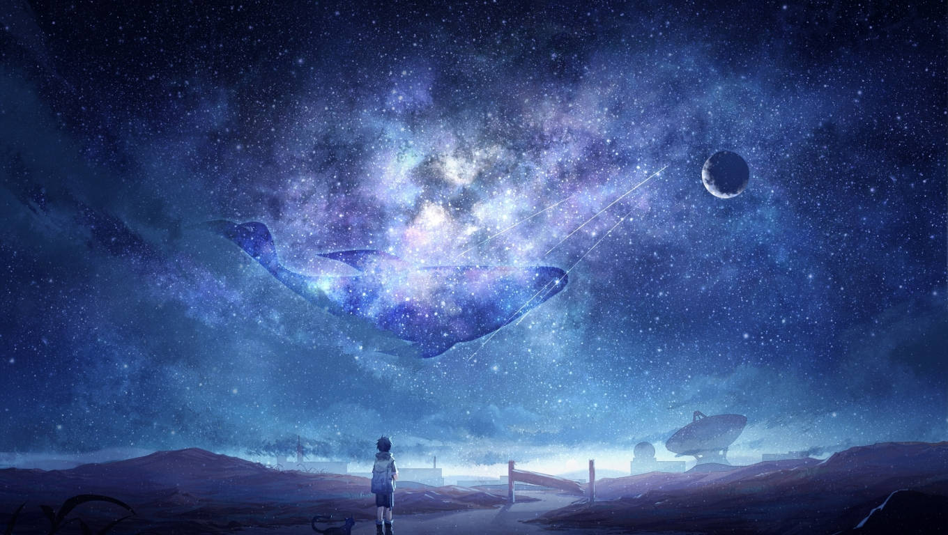 Anime Boy And Galaxy Moon Wallpaper