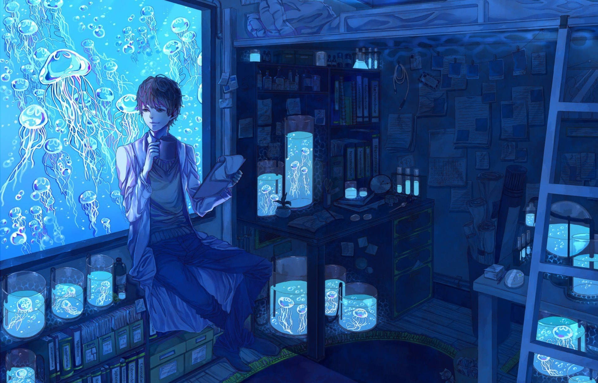 Anime Boy And Jellyfish Aquarium Wallpaper