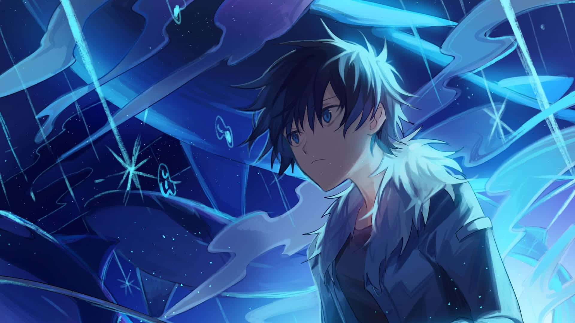 Young male anime character in sky blue background