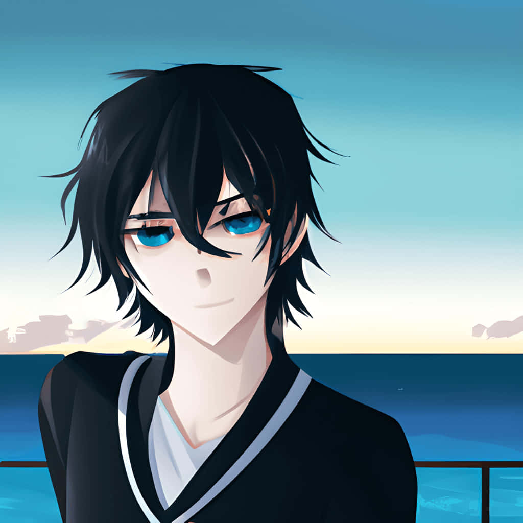 Anime Boy Black Hair Blue Eyes Seaside Backdrop Wallpaper