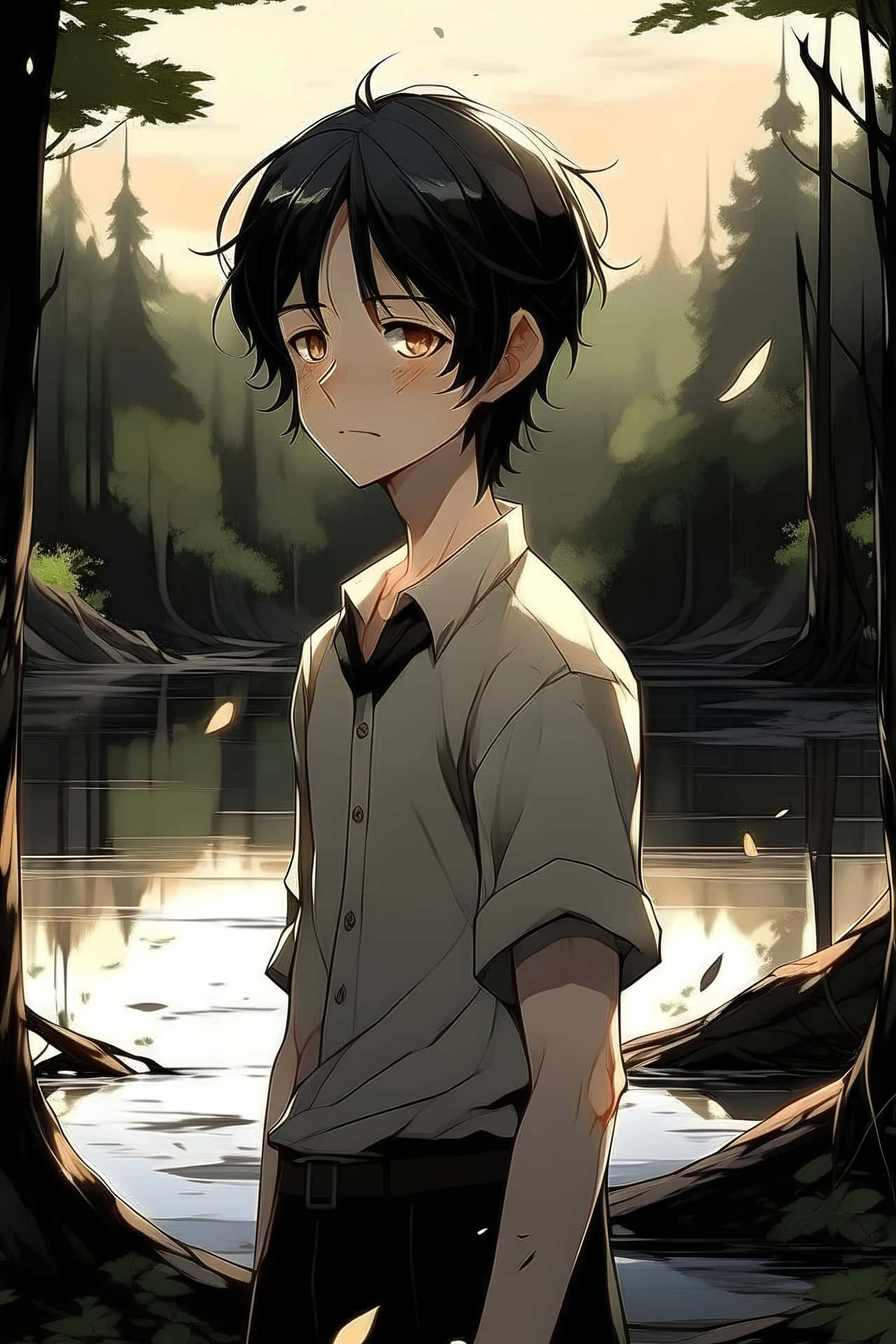 Anime Boy Black Hair Forest Backdrop Wallpaper