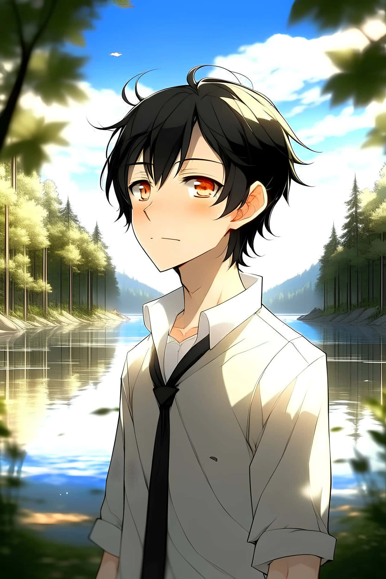 Anime Boy Black Hair Lakeside Portrait Wallpaper