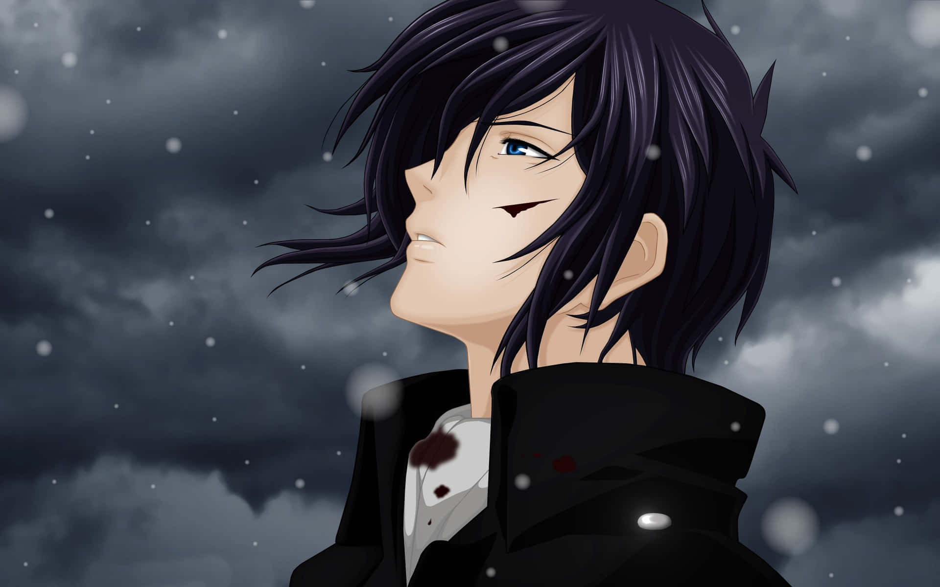 Anime Boy Black Hair Snowy Backdrop Wallpaper