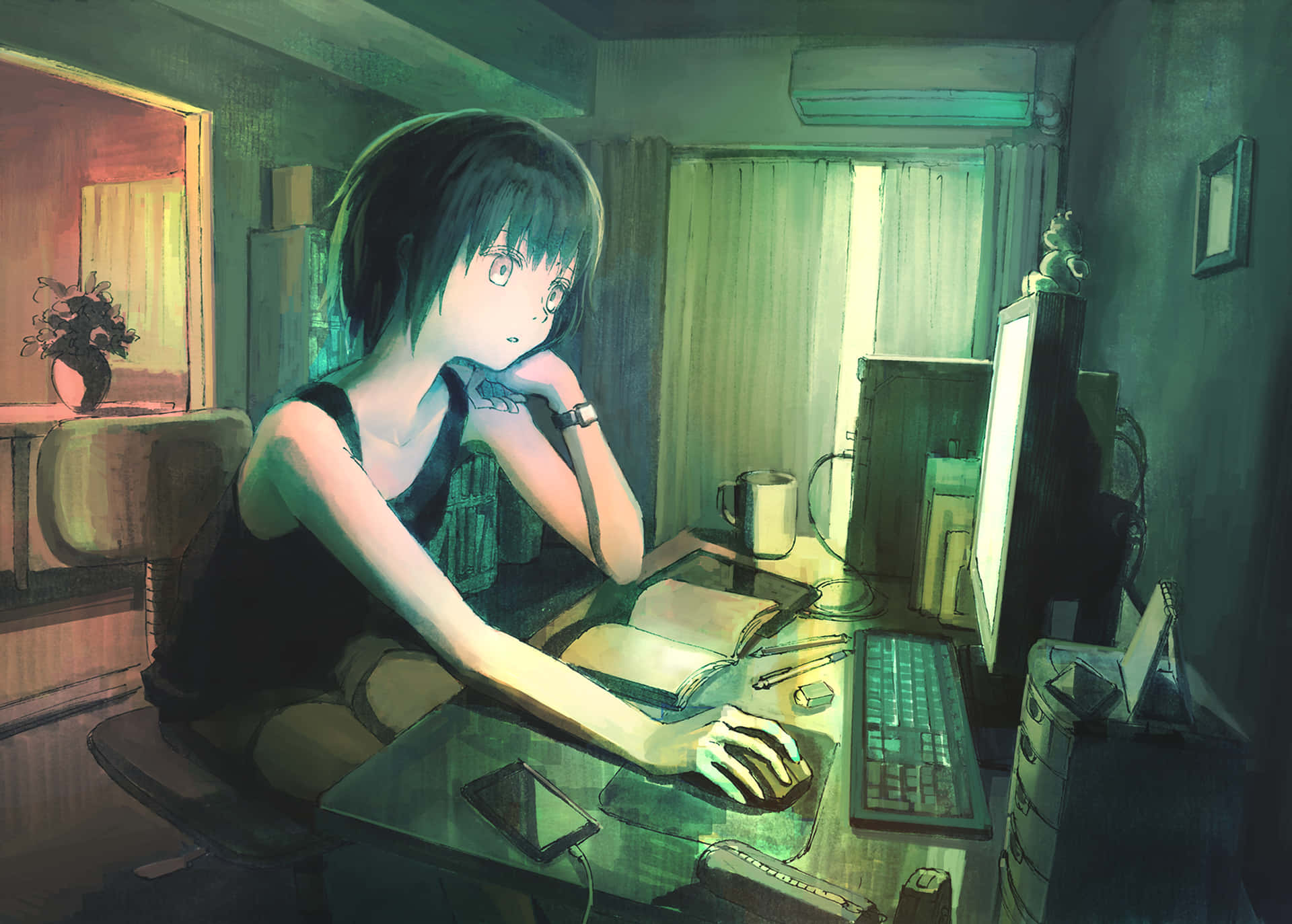 An anime boy sits in front of a computer dreaming of a better world. Wallpaper
