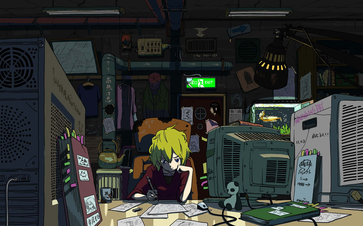 A young anime boy exploring the world of technology. Wallpaper