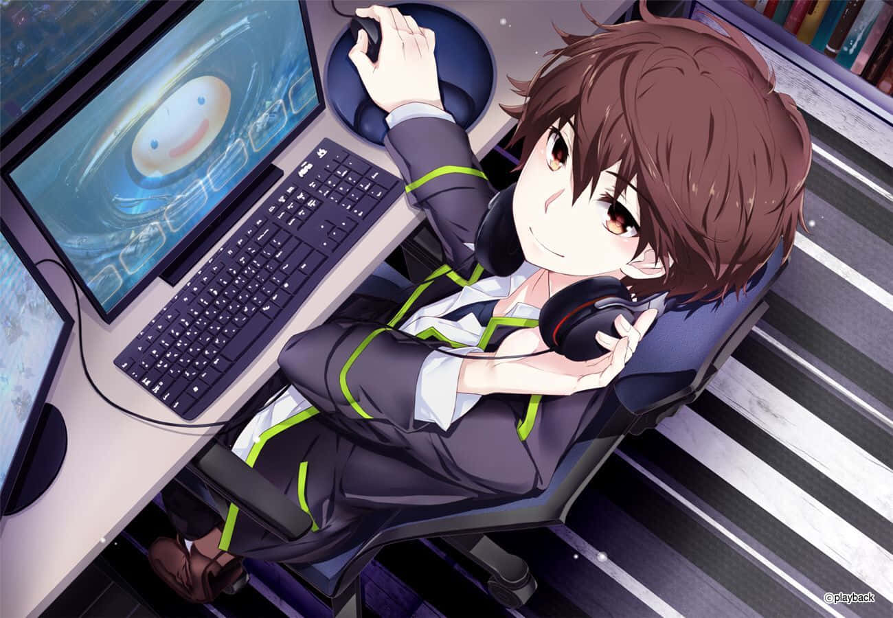 A Young Anime Boy Using His Computer Wallpaper