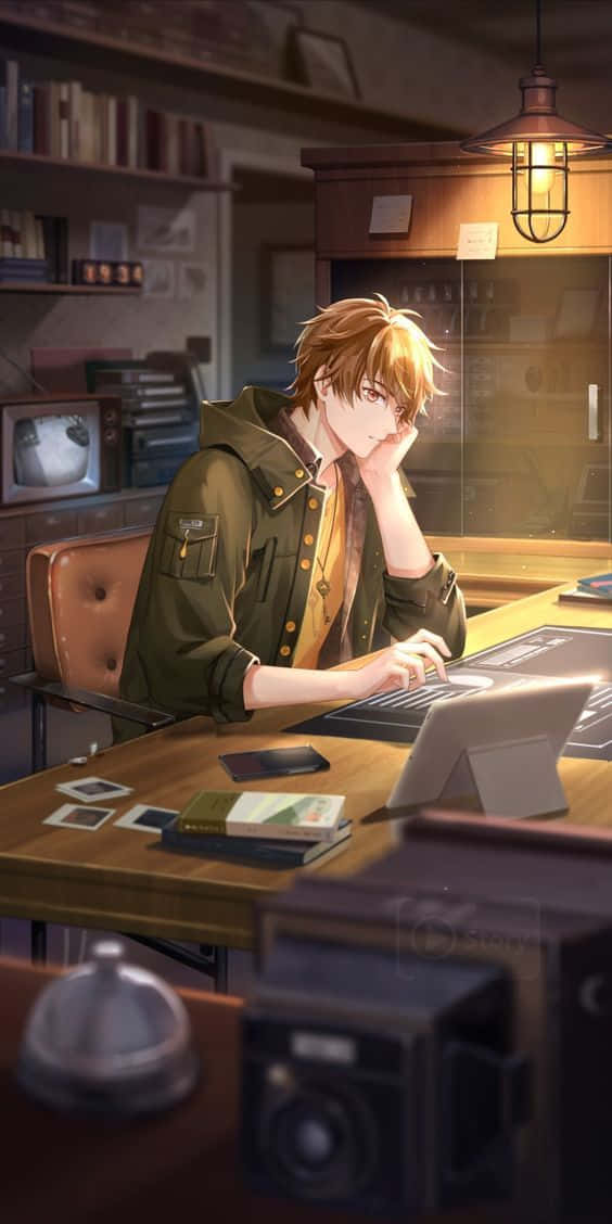 A young anime boy is looking at an advanced digital computer Wallpaper