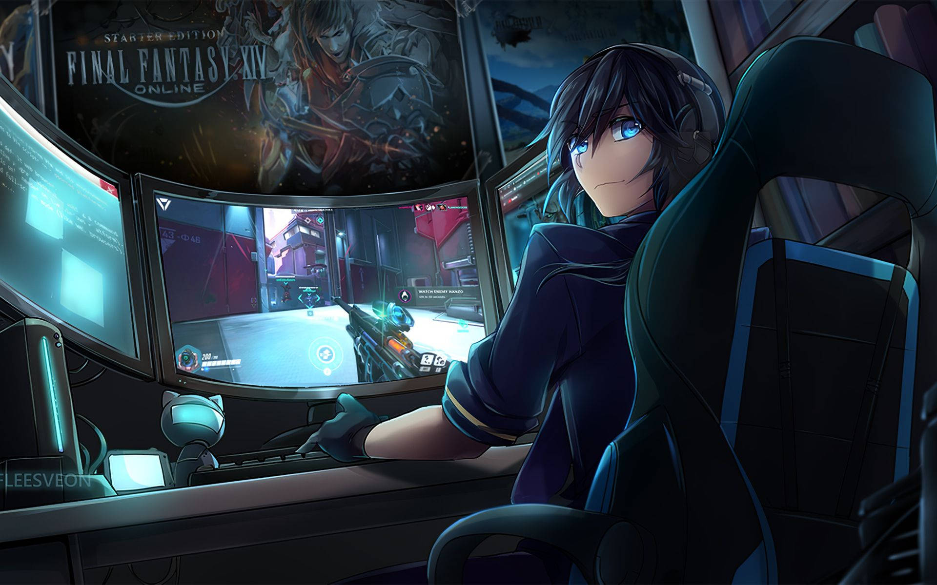 Anime Boy Gaming With Guy Looking Back Wallpaper