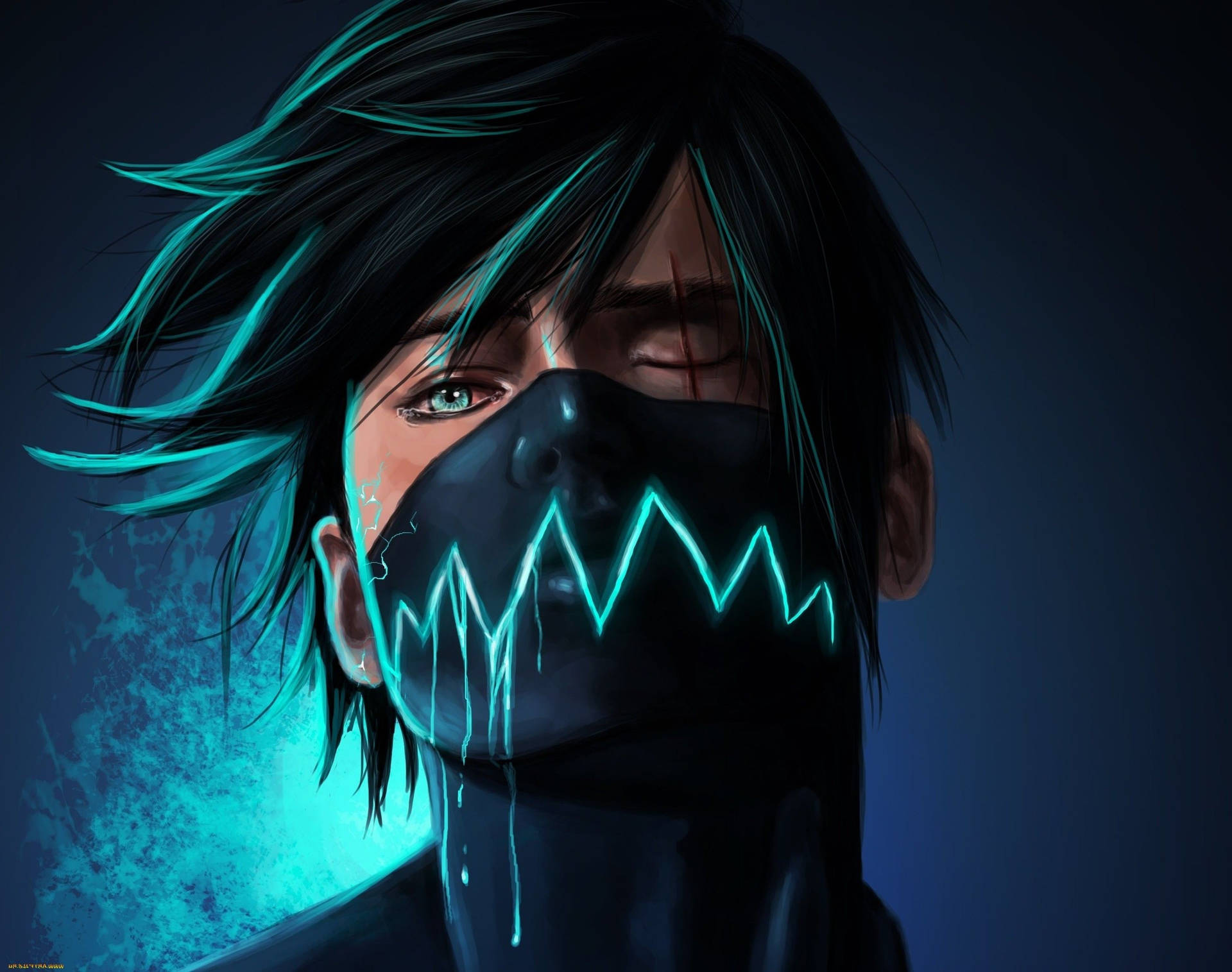 Anime Boy Gaming With Neon Blue Mask Wallpaper