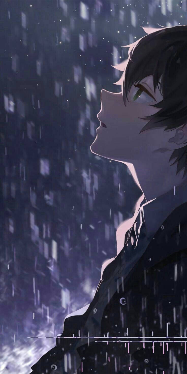 Animepojke Sorgsen Estetisk Tittar På Regnet. Wallpaper