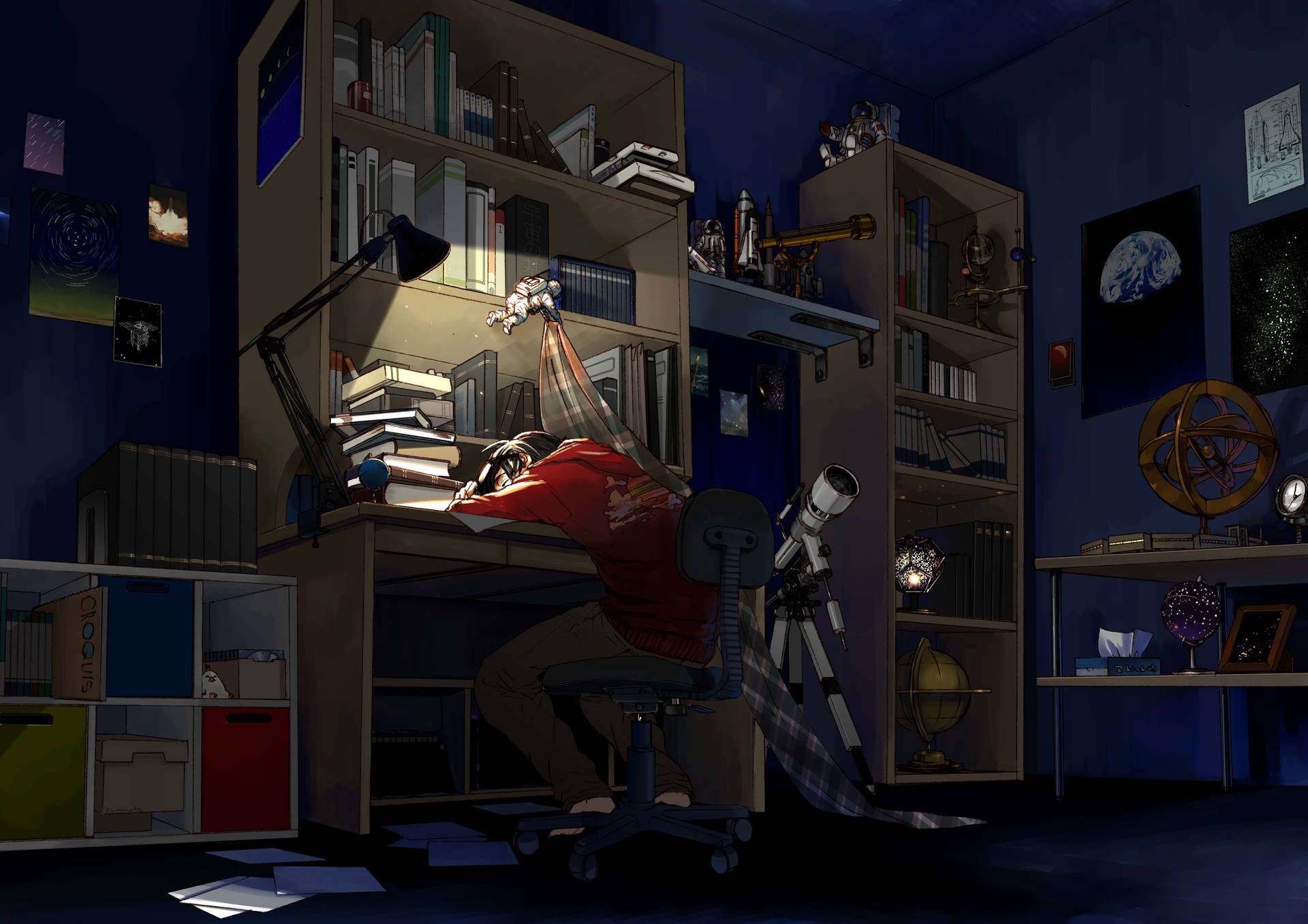 Anime Boy Sleeps On Desk In Bedroom Wallpaper
