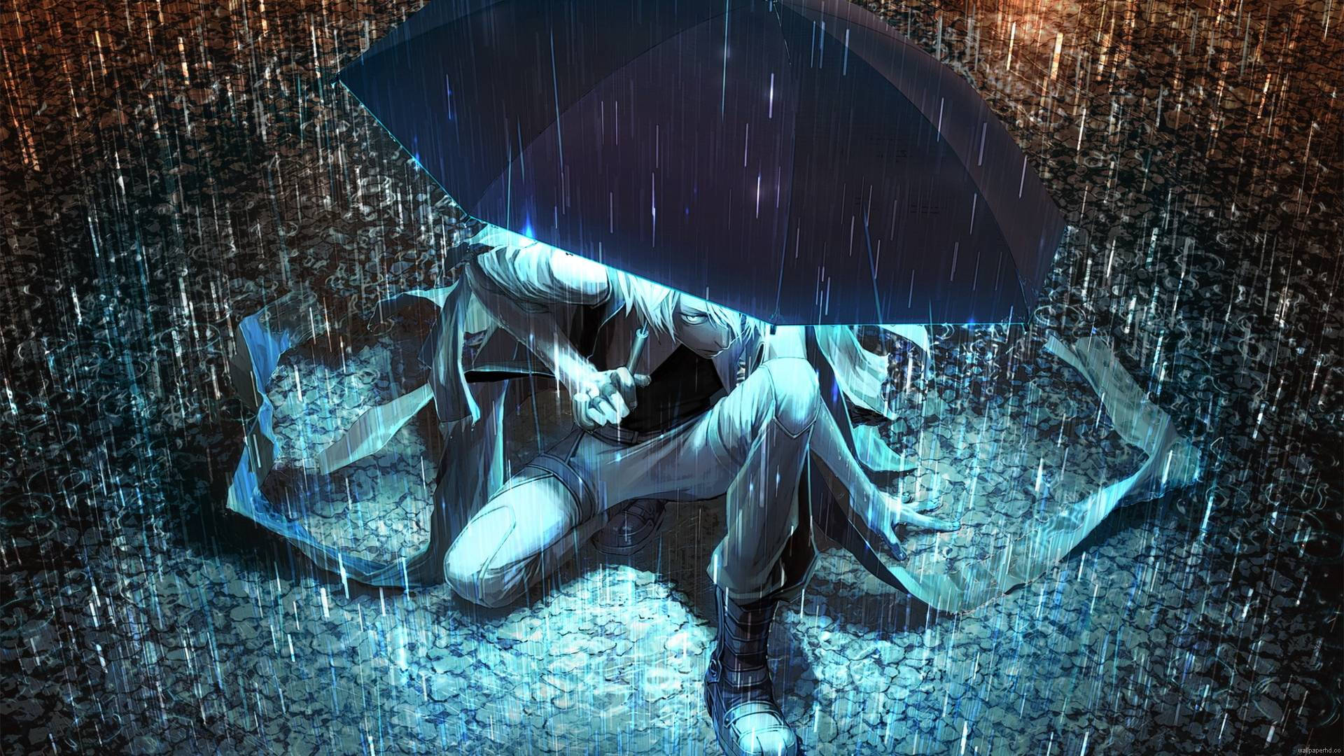 A young anime boy using an umbrella in the rain Wallpaper