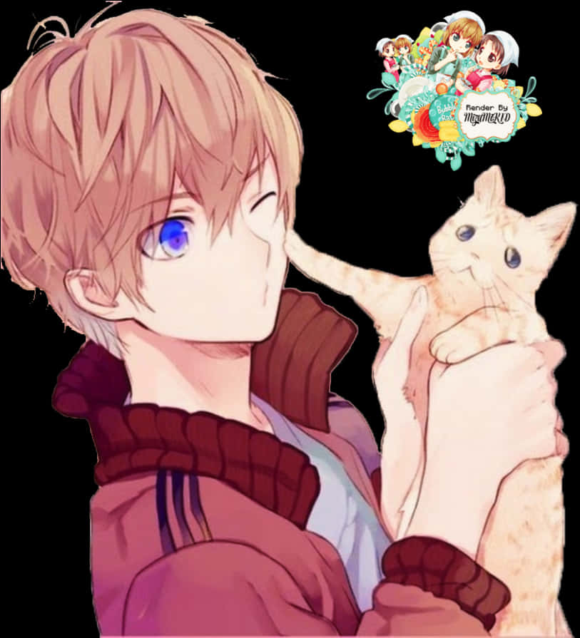 Anime Boy With Cat PNG