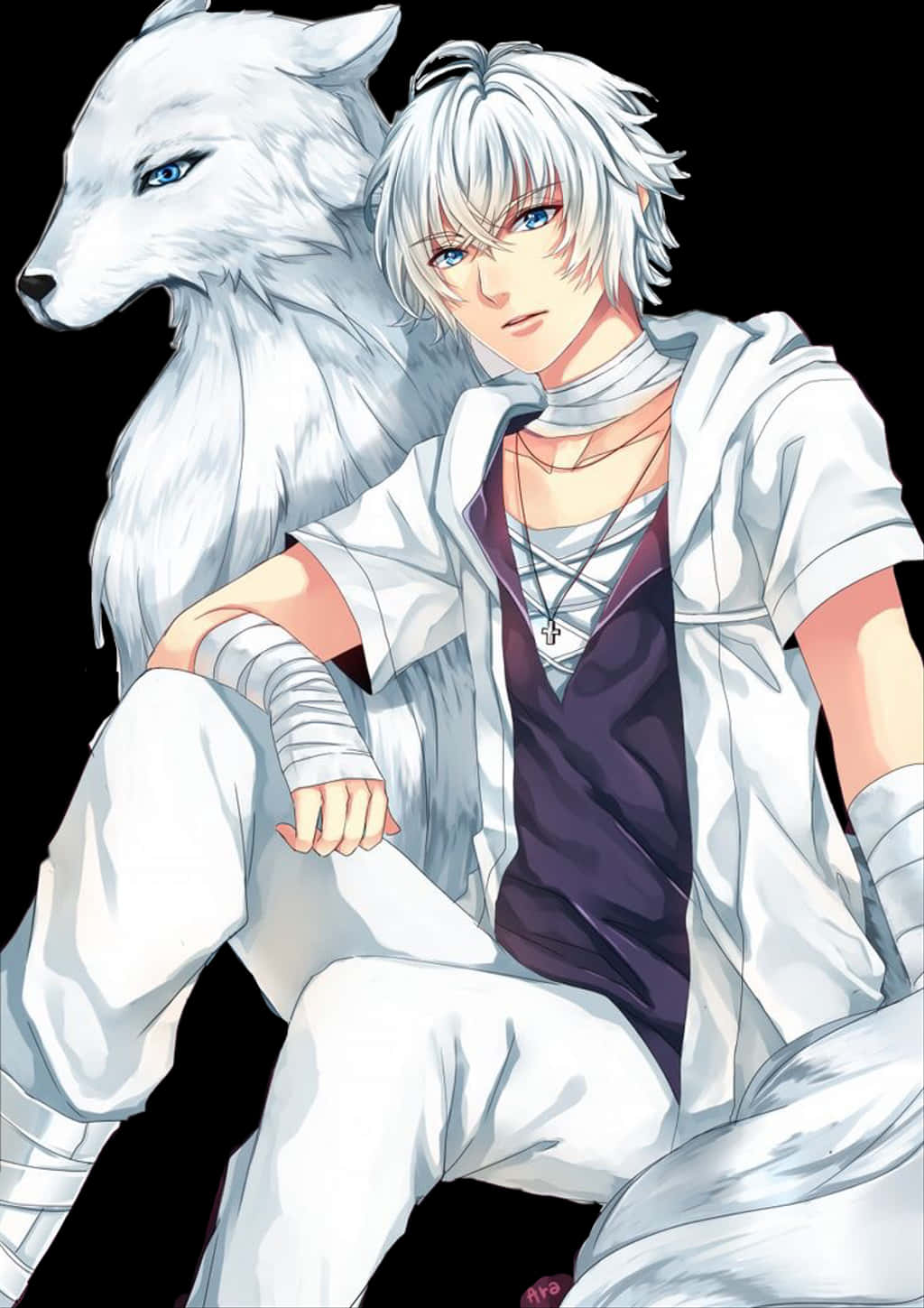 Anime Boy With Silver Wolf PNG