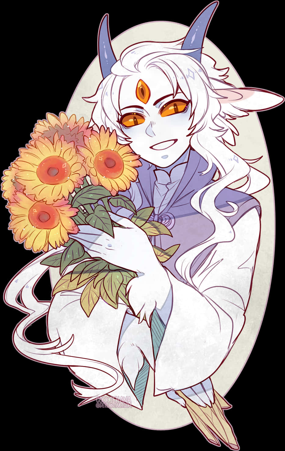 Anime Boywith Hornsand Flowers PNG