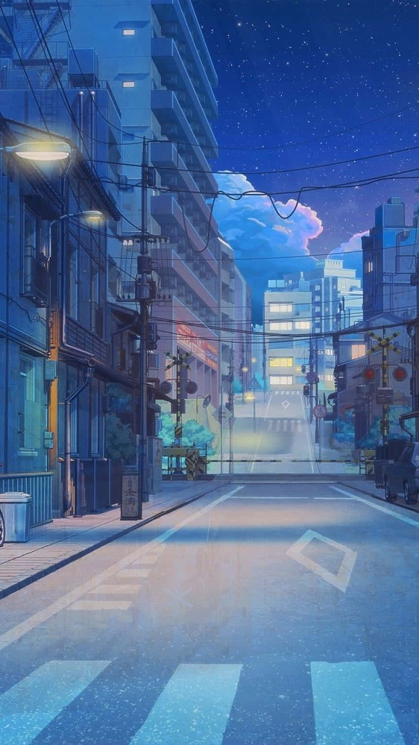 Sfondoper Computer O Dispositivo Mobile Con Un'immagine Di Un Edificio Anime Su Una Strada Pedonale Sfondo