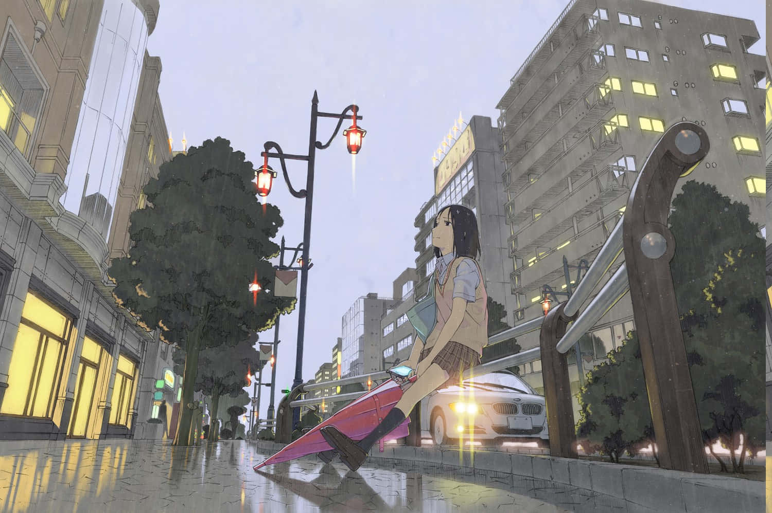 Edificiode Anime Con Una Escolar Con Paraguas Rosa. Fondo de pantalla