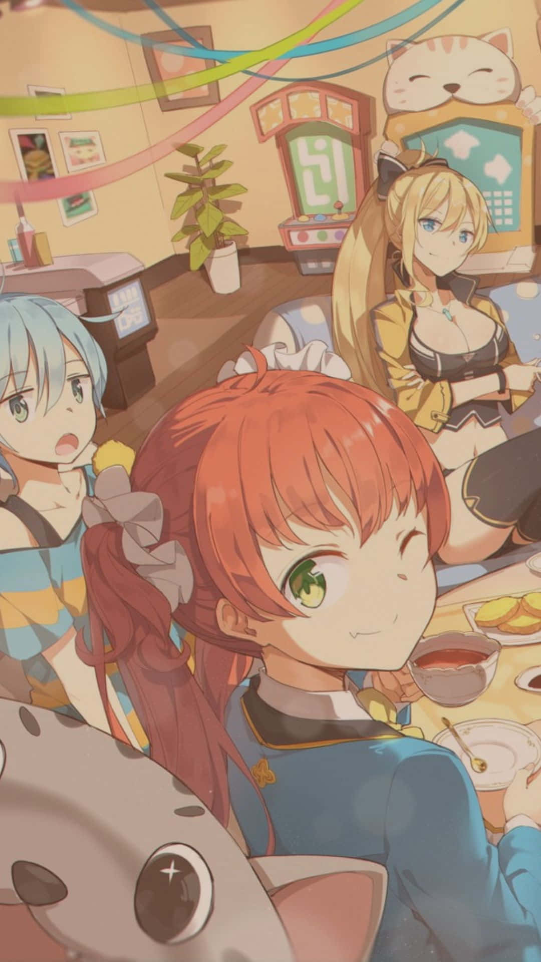 Girls Hanging Out Anime Cafe Background