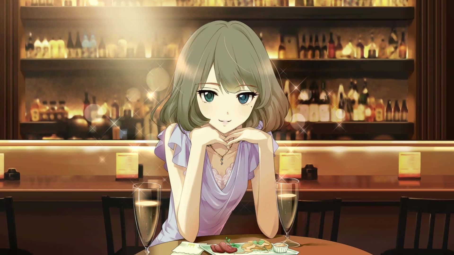 Fundode Tela De Uma Garota Anime Sexy Em Um Café.