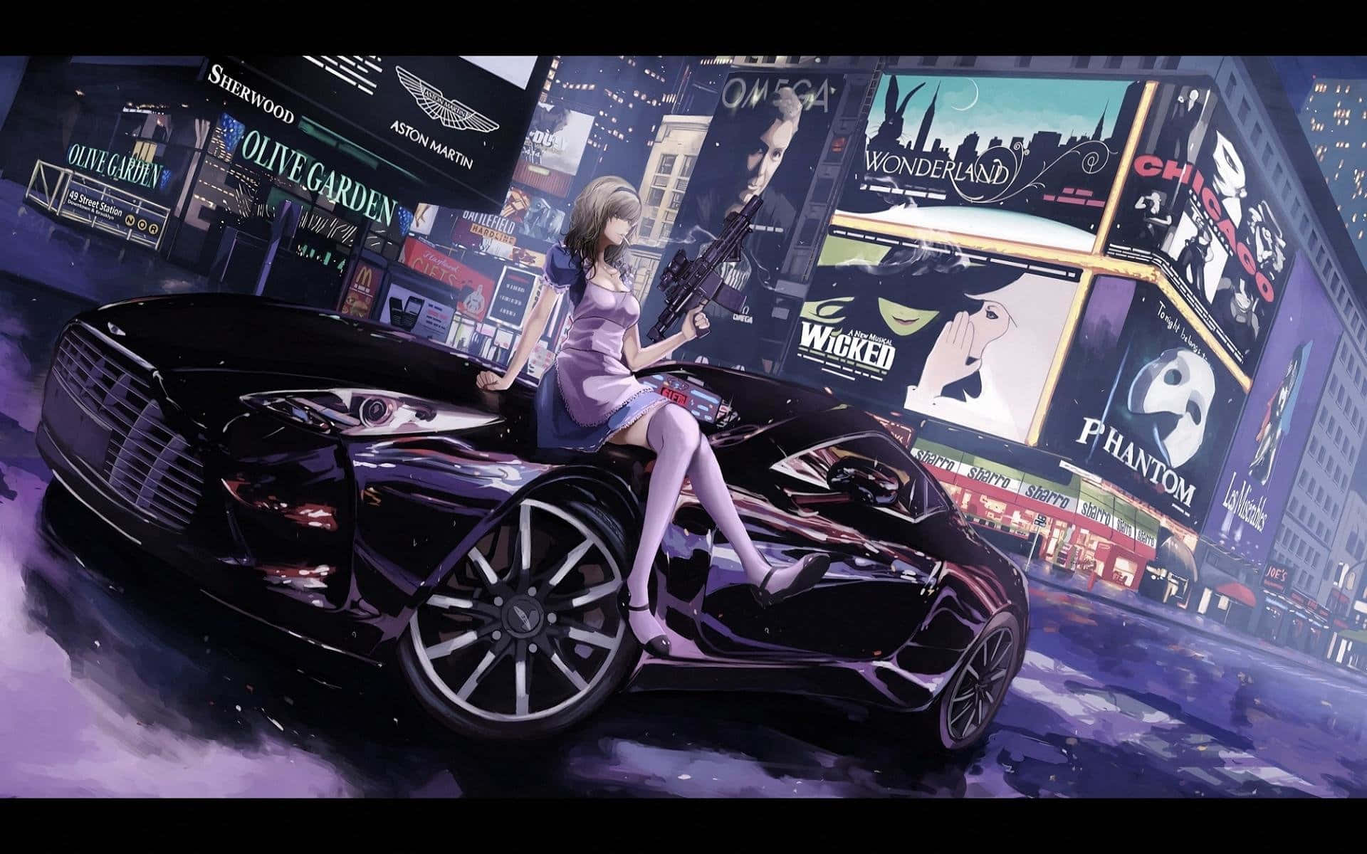 A Girl Sitting On A Car In A City