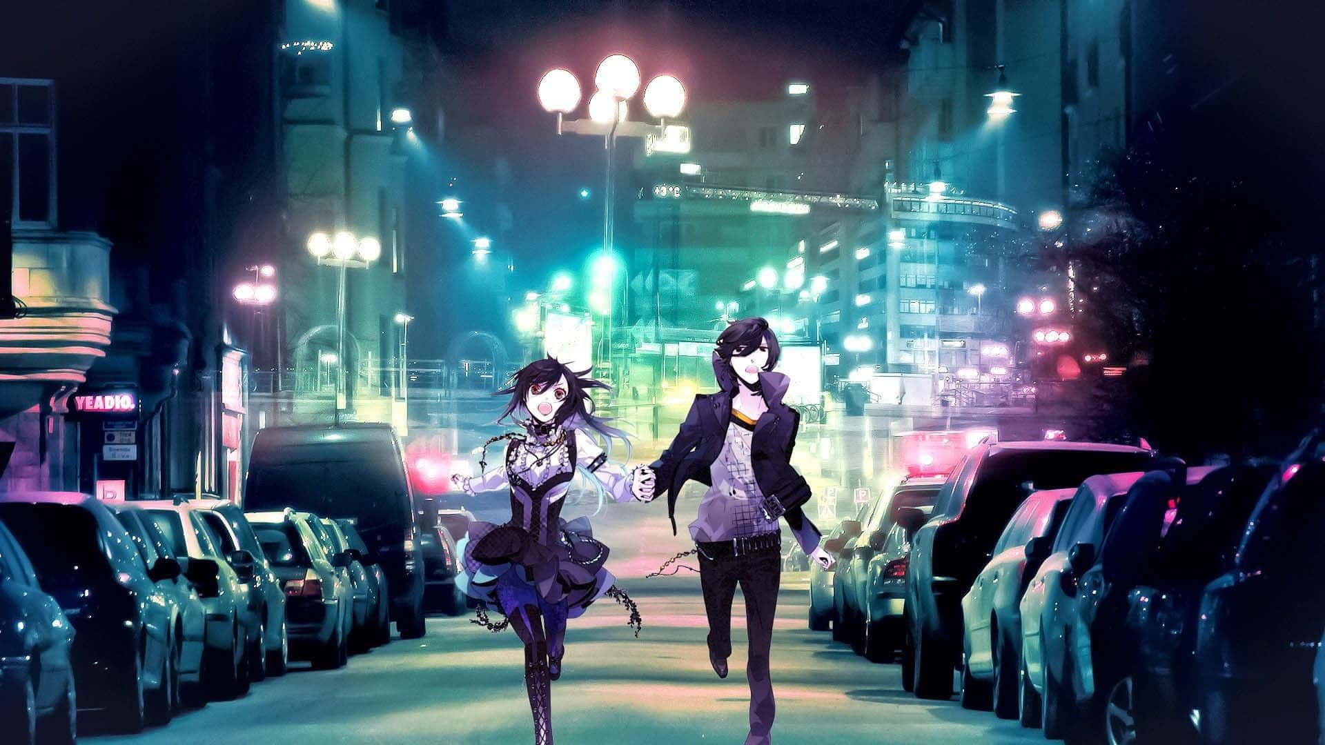 Two Anime Girls Walking Down A Street At Night