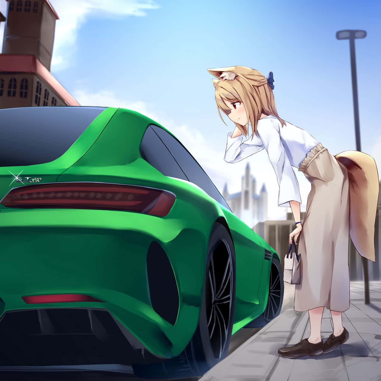 A Girl Is Standing Next To A Green Sports Car