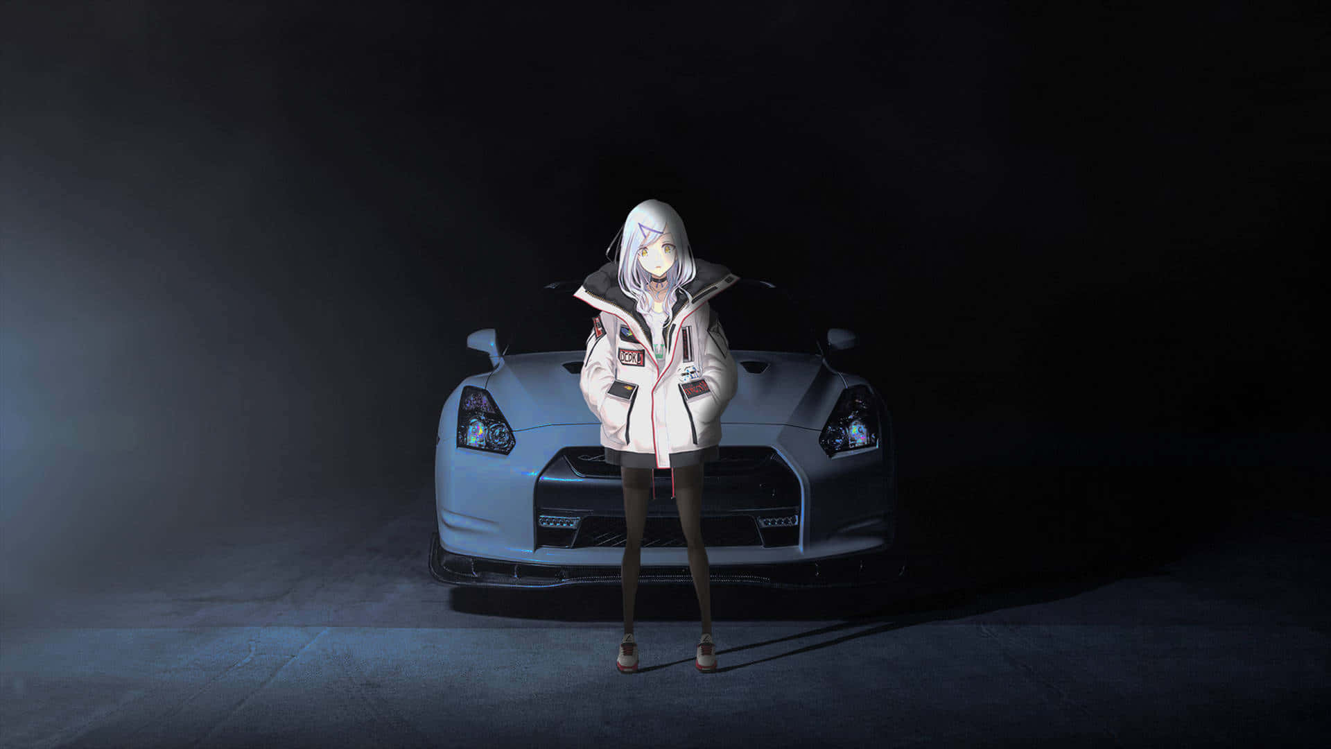 A Girl Standing Next To A White Car In The Dark