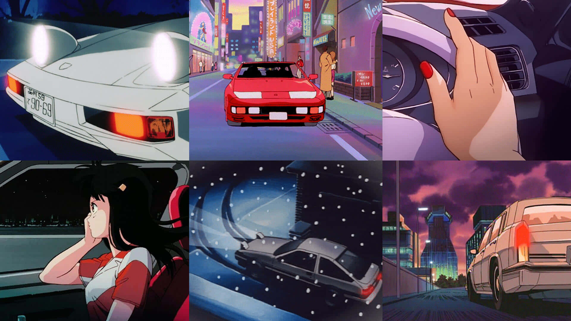 A Collage Of Anime Pictures With A Car And A Woman