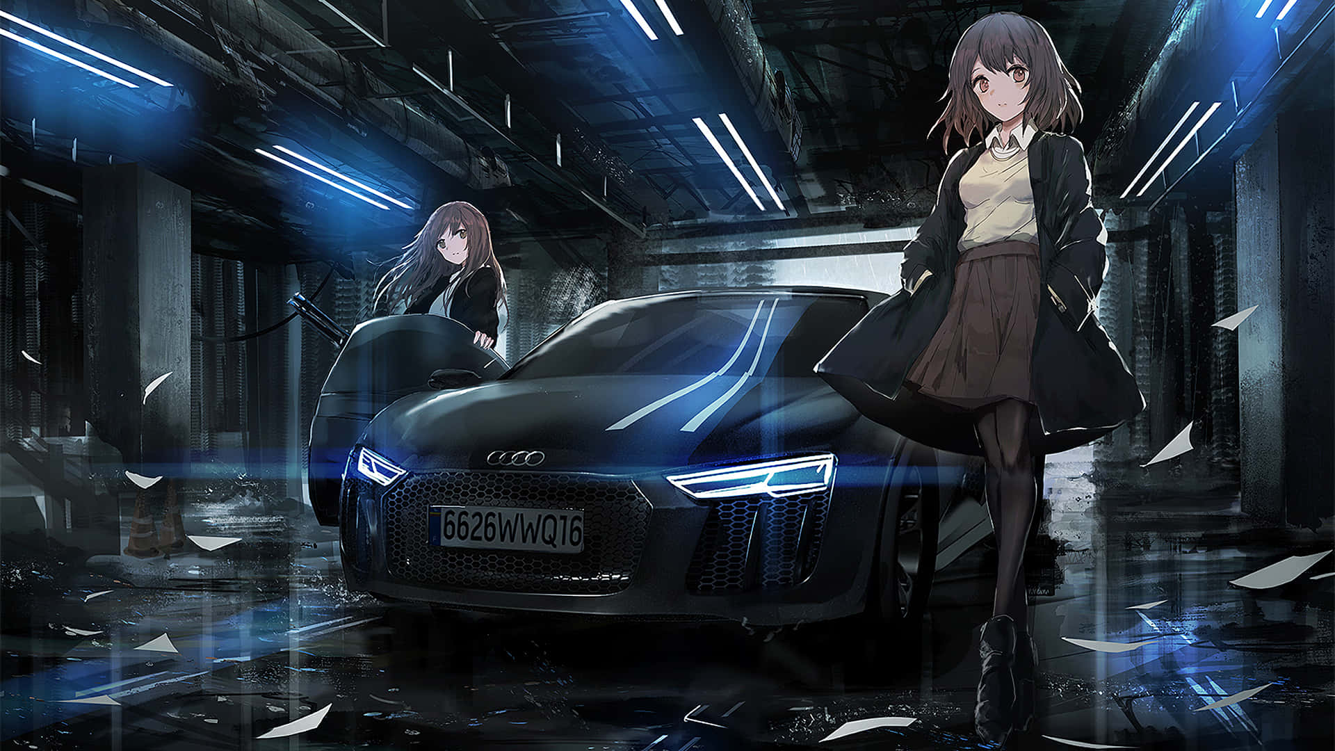 Two Anime Girls Standing Next To A Car