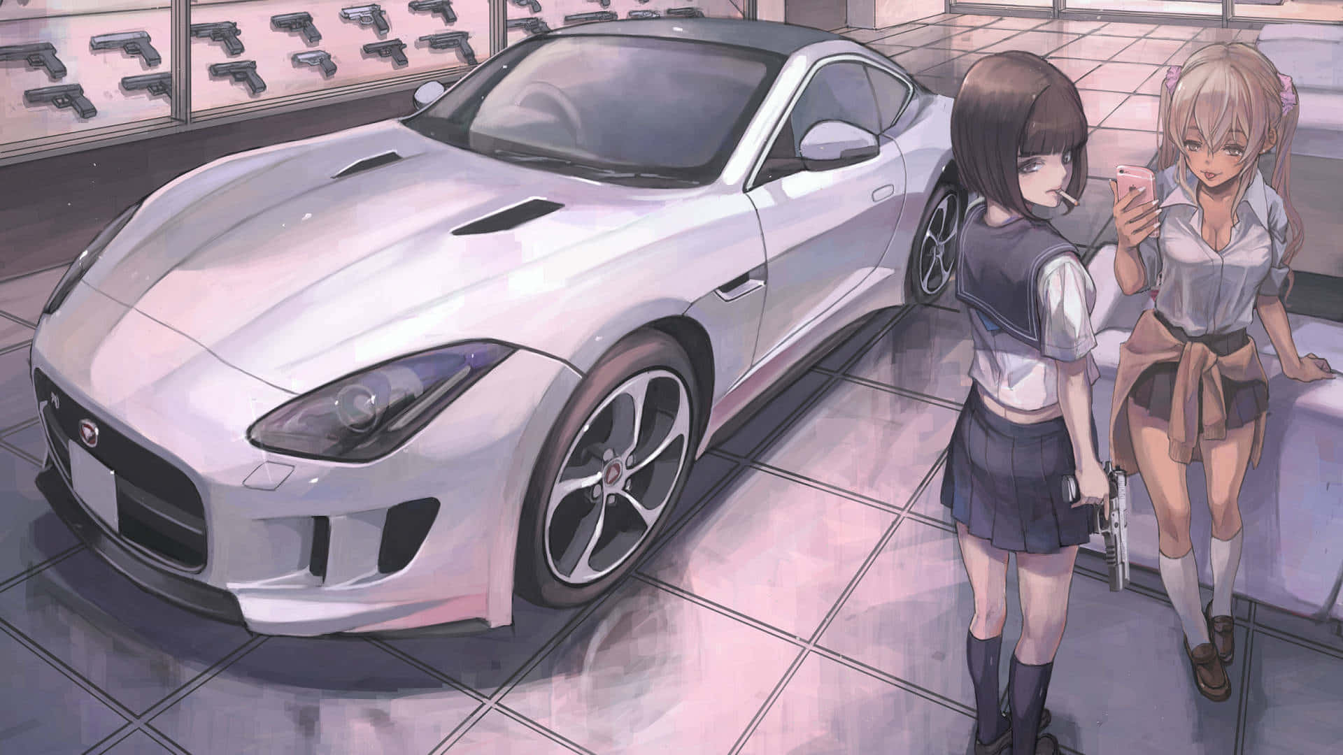 Two Girls Standing Next To A White Sports Car