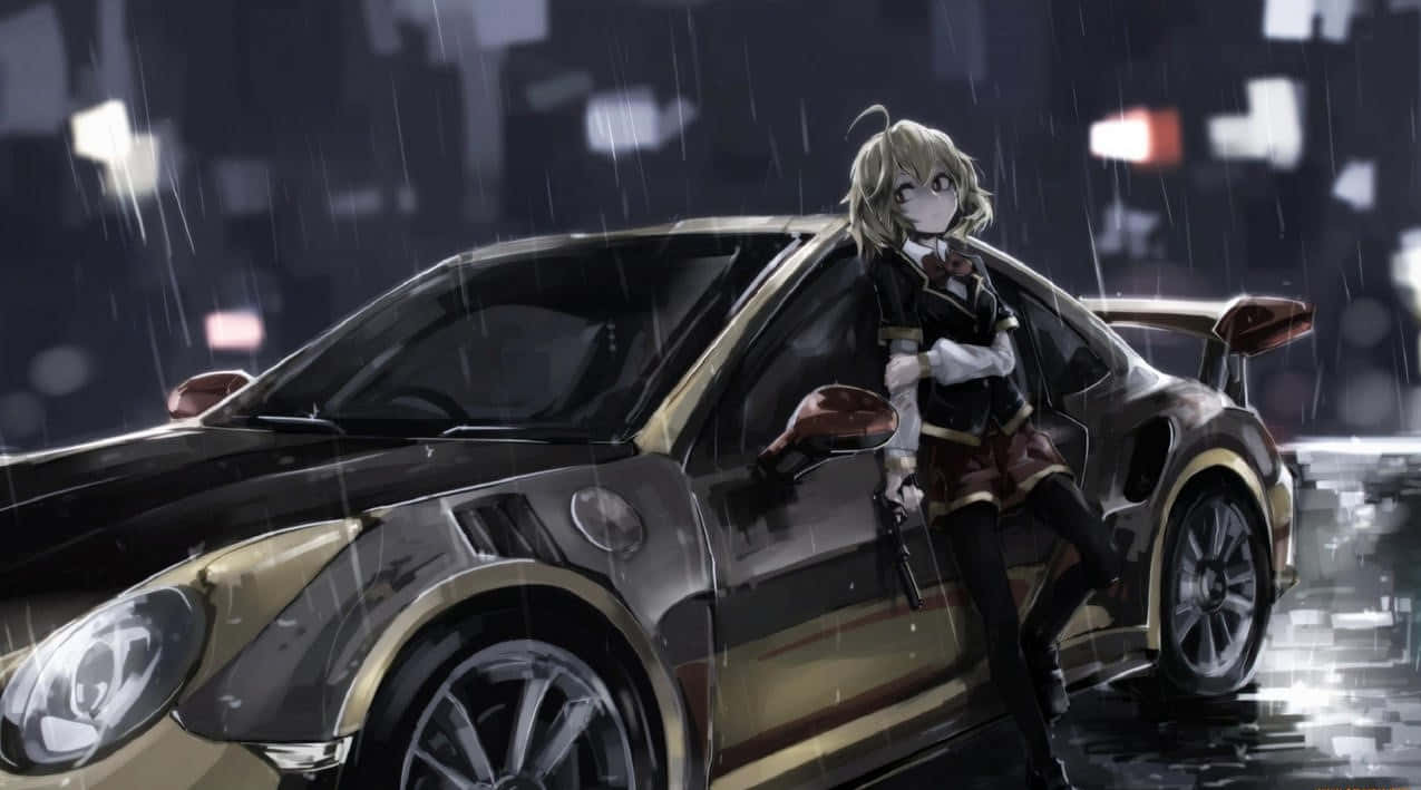 A Girl Is Standing Next To A Car In The Rain