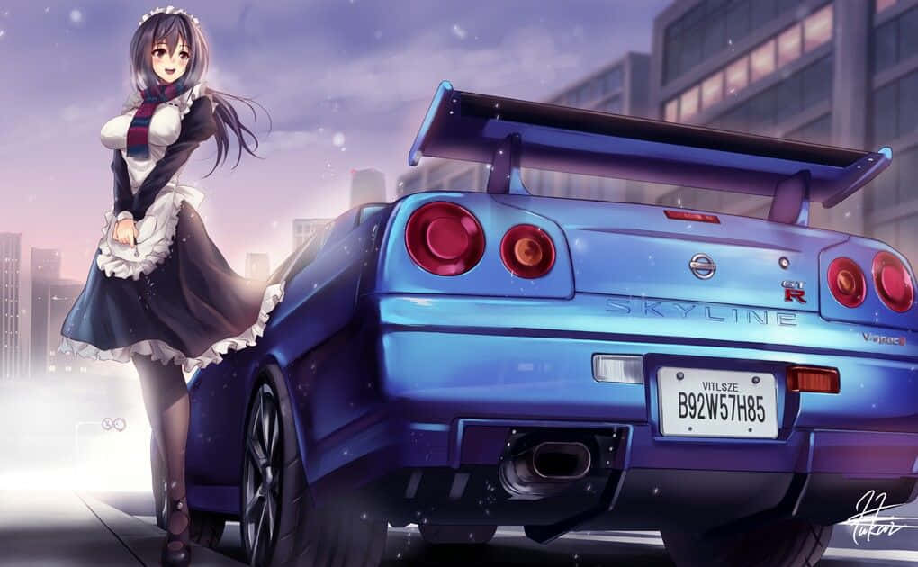 A Girl Standing Next To A Blue Car