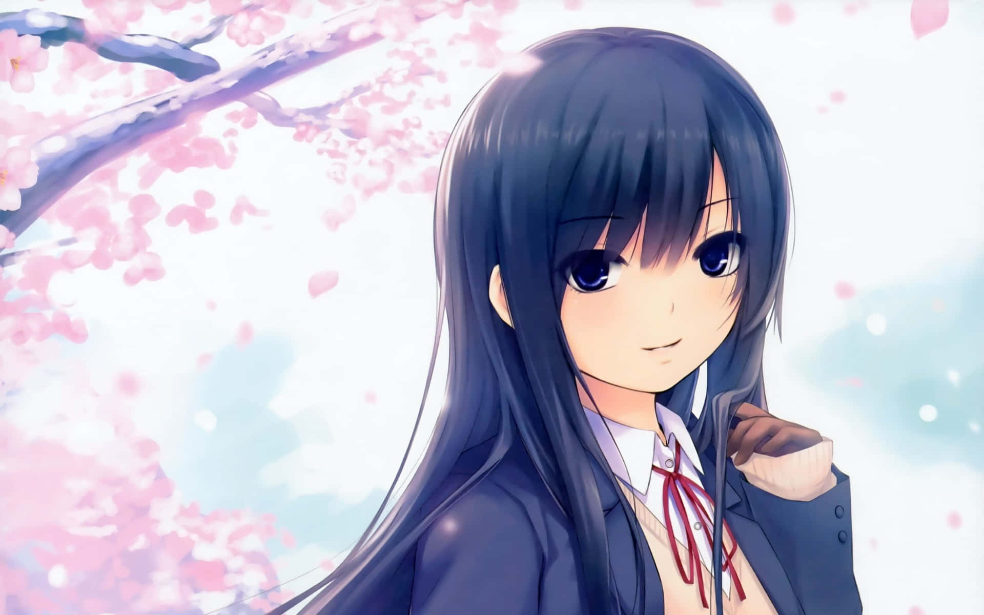 Anime Cartoon Schoolgirl In Sakura Tree Wallpaper