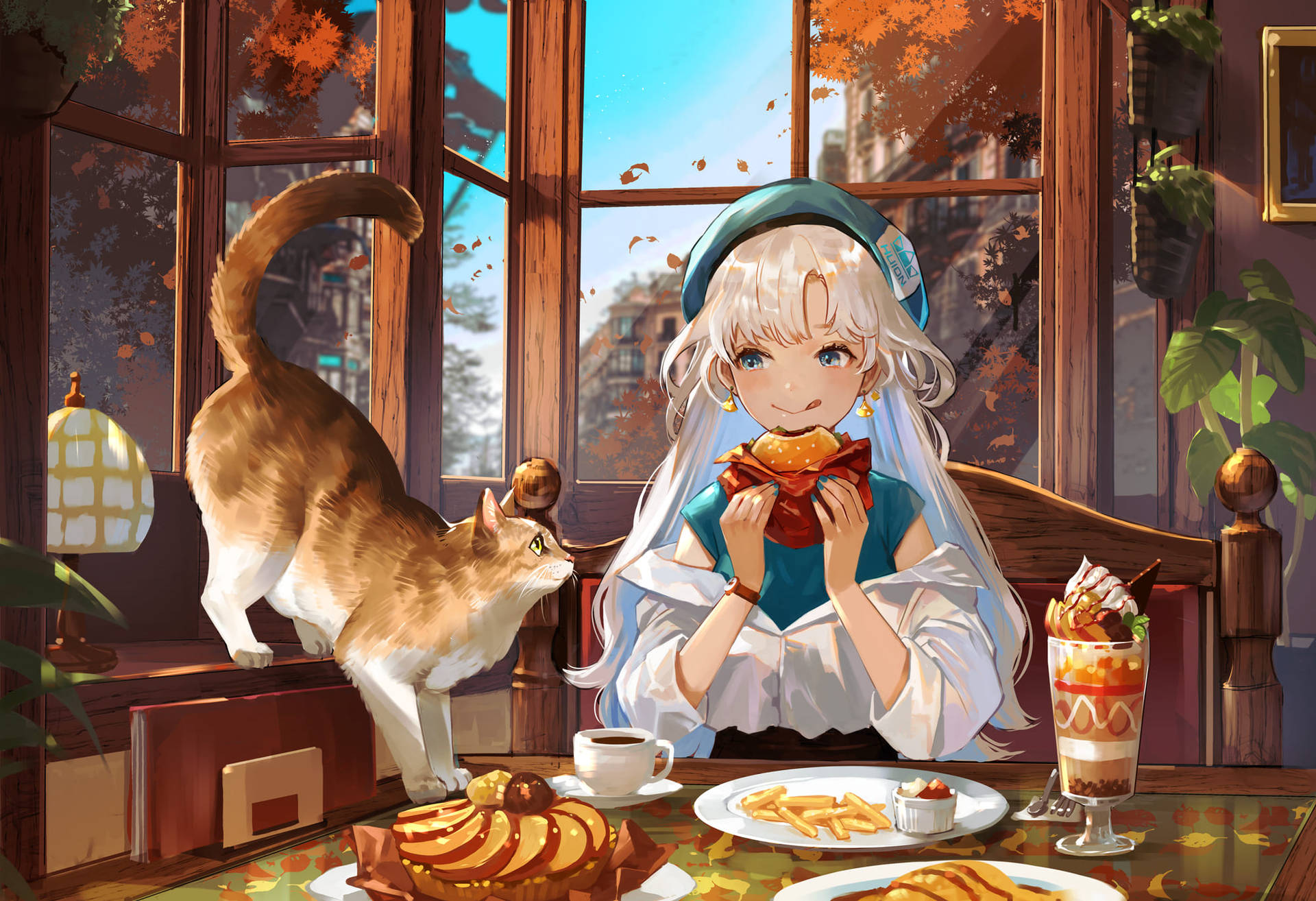 Anime Cat And Girl Breakfast Wallpaper