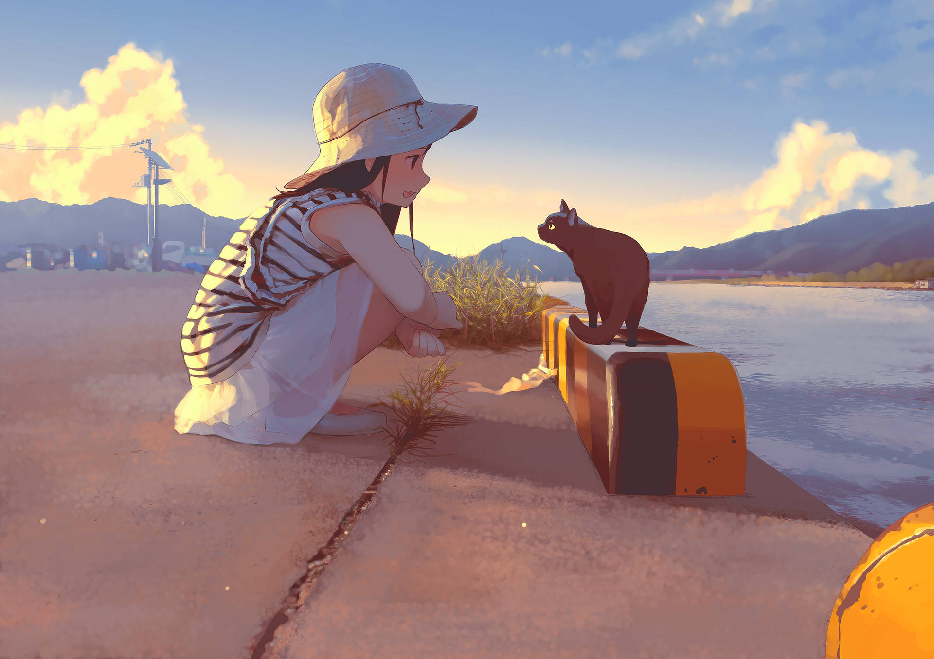 Anime Cat By The Mountains Wallpaper