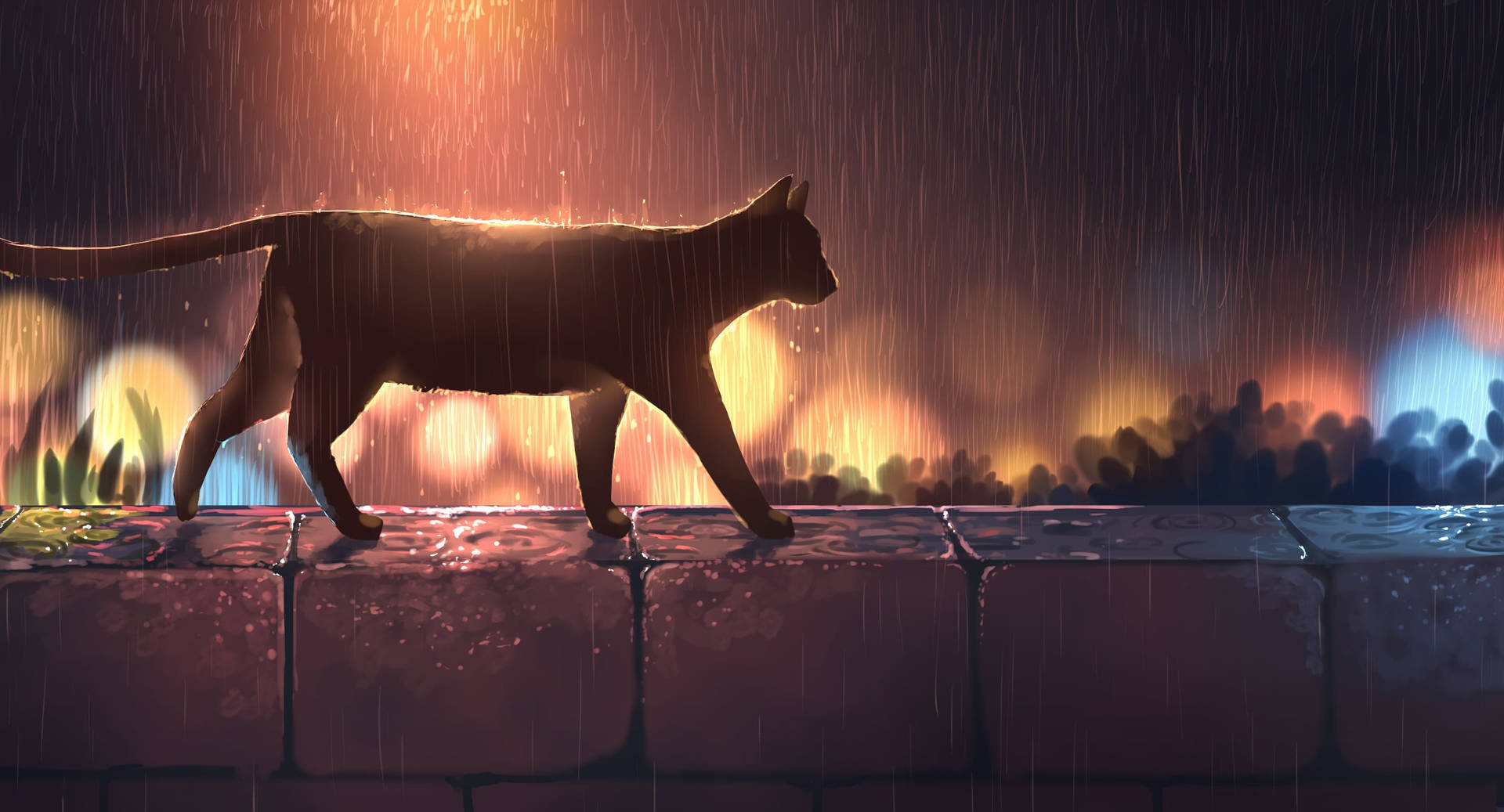 Anime Cat In The Rain Wallpaper