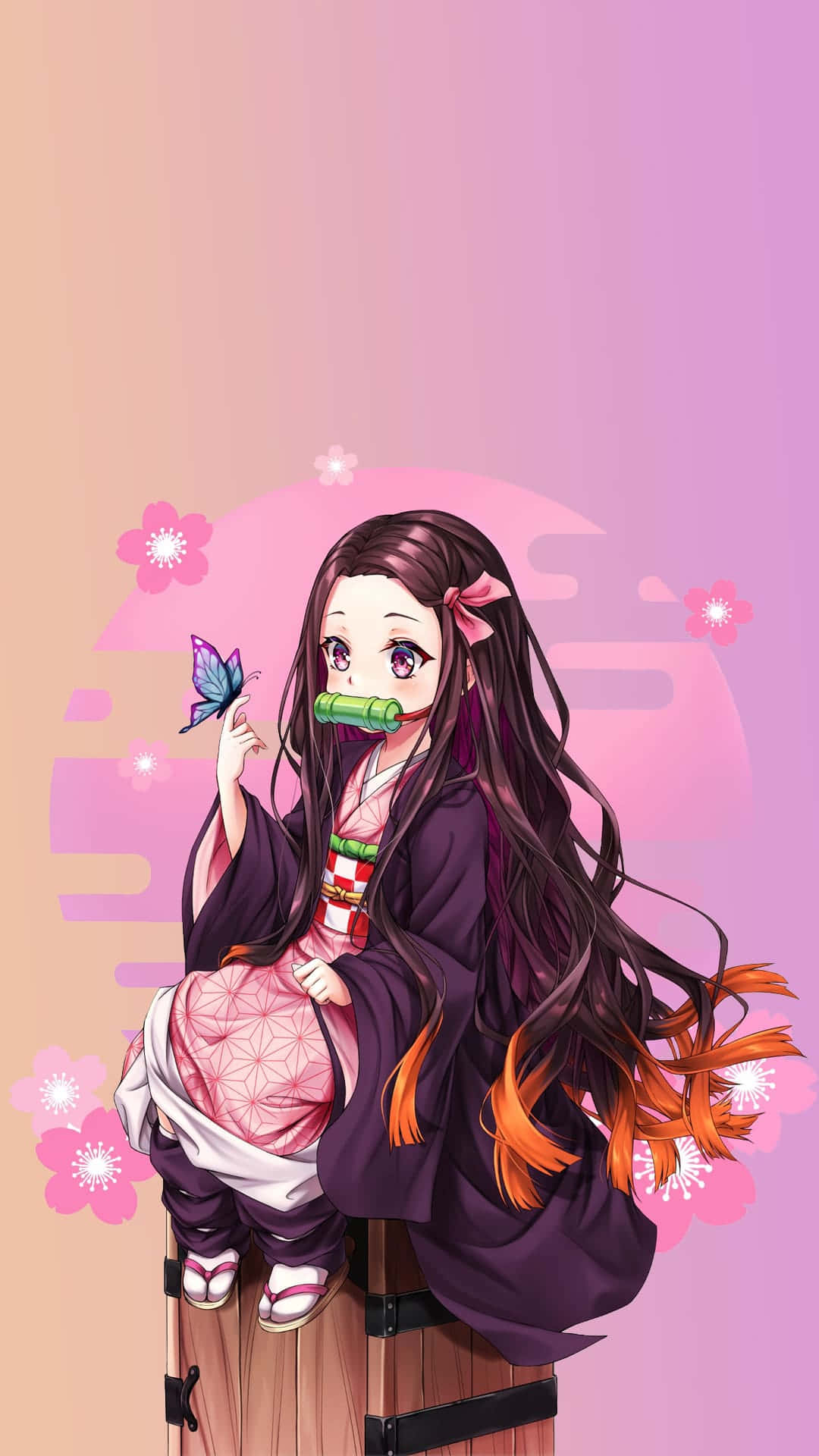 Animekarakter sød Nezuko Kamado med Pink og lilla gradient baggrundsbillede Wallpaper