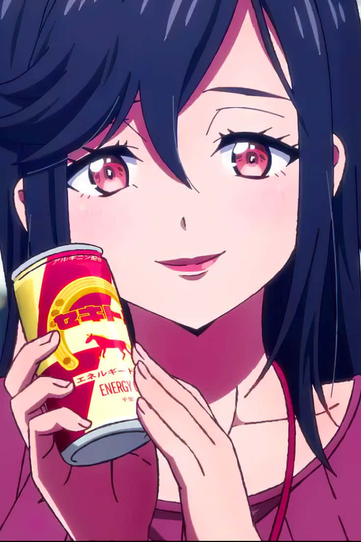 Anime Character Holding Energy Drink Wallpaper