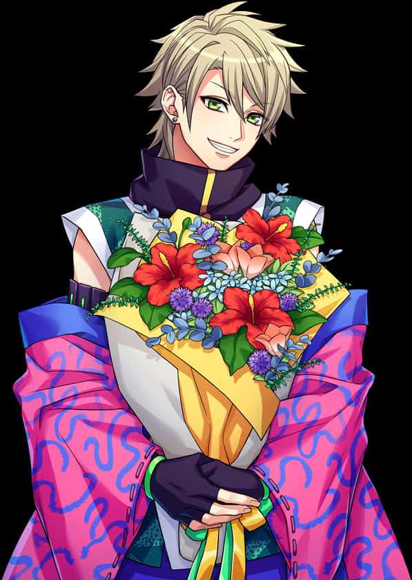 Anime Character Holding Flowers PNG