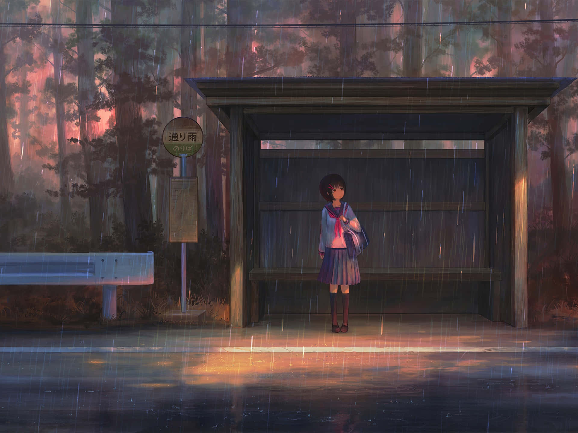Anime Character Waiting For A Bus Wallpaper