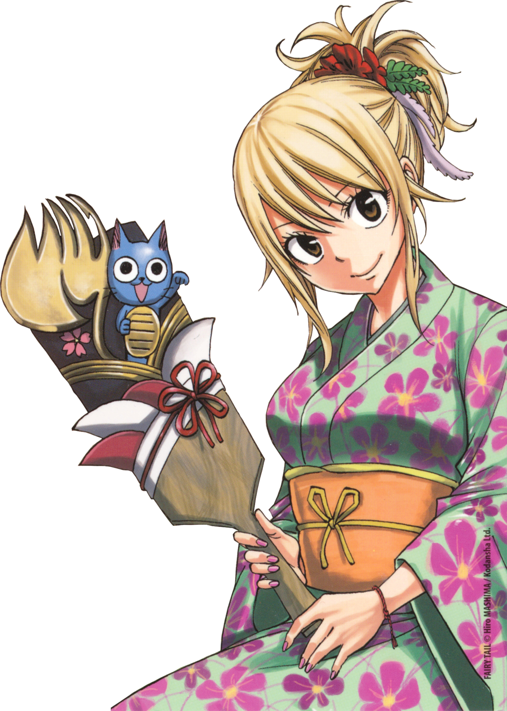 Anime Characterin Kimonowith Blue Cat PNG